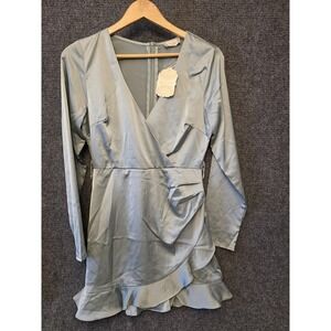 Altar'd State Dress Womens Medium Blue Satin Wrap Ruffle Hem Long Sleeve Mini